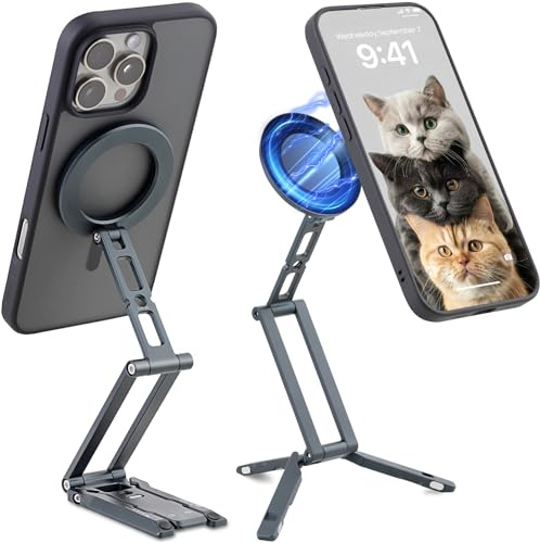 Leftfoto Metal Strong Magnetic Phone Stand 3-Axis Adjustable Foldable Cell Phone Mini Tripod Desk Holder Compatible with iPhone 16/15 Pro Max/14 Pro/13/12/MagSafe Cases or Android Phones