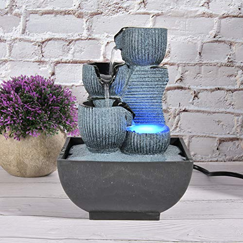 Asixxsix Fuente de Agua de Sobremesa, Diseño de Iluminación LED de 4 Niveles, Pequeña Cascada, Fuente de Agua Relajante para Interiores, para Oficina, (Enchufe de la UE 220)