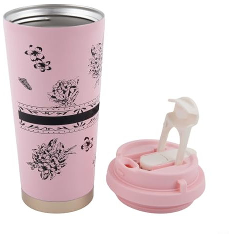 Taza de viaje de 18 onzas en acero inoxidable con popote plegable y diseño a prueba de fugas para mayor comodidad (rosa)