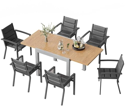 TRIUMPHKEY 6 Personen Gartenmöbel-Set aus Aluminium, 1 Ausziehbarer Tisch (80-160 cm) & 6 stapelbare Stühle Balkon und Terrassen Lounge Set, Protokoll