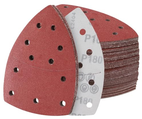 Sruhrak 60 piezas papel de lija lijadora delta 152x105mm Hojas de Lija Mouse Papel conjunto con 11 agujeros grano 180 triángulo almohadillas de lijado para madera, metal y plástico