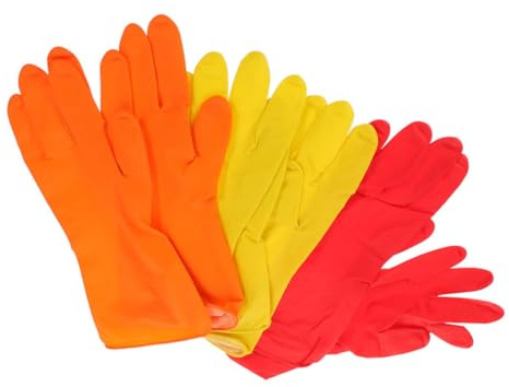 Healifty 3 Pairs Latex Kitchen Gloves Reusable Cleaning Gloves for Dishwashing Household Use Tear Resistant Protective Mitts Red Yellow Orange