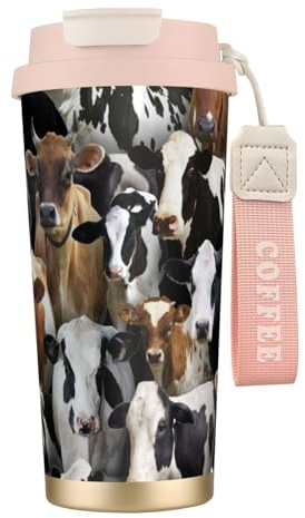 YXDVPALNE Animales de granja Vacas lecheras Vaca,Taza de café de acero inoxidable 316 con cordón, vaso térmico de viaje para coche, 500 ml