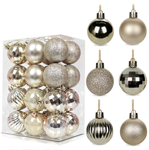 24Pcs Champagne Gold Baubles for Christmas Tree,6cm Shatterproof Plastic Christmas Balls Ornaments with Strings,6 Design Xmas Baubles Hanging Balls for Xmas New Yew Wedding Holiday Party Decor