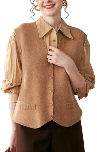 DISSA Pull sans Manches Cachemire Femme Col V Devant Boutonné,Camel,40