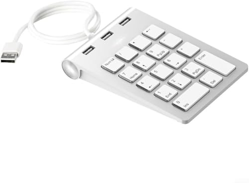 Tastiera con cavo USB dal design compatto, robusto materiale ABS design leggero con 18 tasti dedicati, dotato di un comodo hub a 3 porte, bianco (18 x 21 x 3 cm)