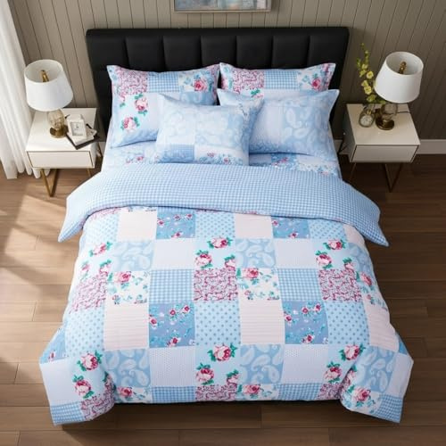 B&B Printed Duvet Cover Set, 100% Rich Cotton Comforter Cover Bedding Sets - Soft, Thick Anti-Allergy 3PCS Quilt Covers with 2 Pillow Shams (King Size, Floral Blue)