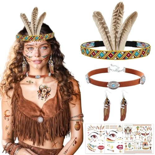 GluckGeschenk 6-teiliges Indianer Kostüm Damen, Kopfschmuck, Federohrringe mit Perlen, Boho Lederhalskette & 3 Gesichtstattoo – Fasching & Karneval Mottoparty Accessoires