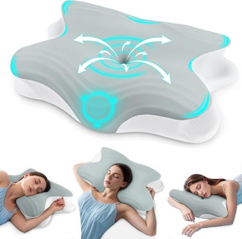 Rokehr Cuscino Cervicale per Dormire, 2 in 1 Cuscino Cervicale Ortopedico, Cuscino Memory Foam, Cuscini Ergonomico Cervicale, Guanciale Cervicale per Chi Dorme di Lato, Pancia o Schiena Grigio