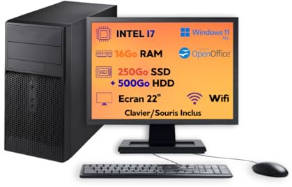 PC Tour Reconditionné Intel Core i7 3.7GHz — Écran 22 Pouces • RAM 16 Go • SSD 250 Go + HDD 500 Go • Windows 11 Pro • Wi-FI — Garantie 12 Mois