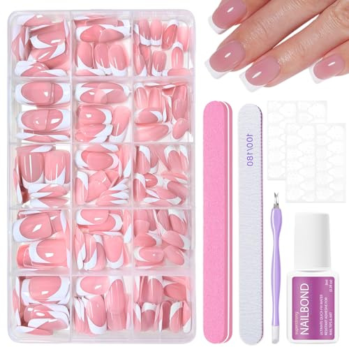 Squared French Künstliche Nägel zum aufkleben Tips Set - 240 Stück Pink Kurz Press on Nails Kunstnägel, Französische Full Cover Soft Gel Fingernägel - 15 Größen Fake Nageln für Frauen DIY Nageldesign