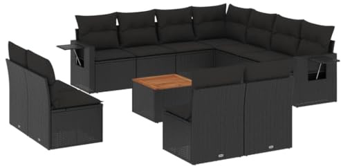 Qnhdfrt 12-TLG. Garten-Sofagarnitur aus Poly Rattan, Modulares Lounge-Set mit Stauraum-Funktion, Couch-Garnitur inkl. Tisch mit Akazienholz-Platte und Sitzkissen für Terrasse, Schwarz