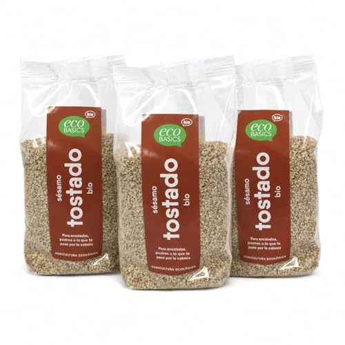 Pack 3 Semillas de Sésamo Tostadas Eco Basic Bio 250 g, 750 g total, semillas ecológicas veganas, fuente de fibra y proteínas, ideales para ensaladas panes salsas y recetas diarias.