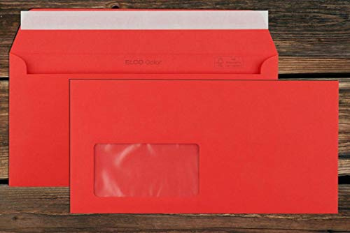 Rote Elco Color Briefumschläge mit Fenster (lasertauglich) / 114 x 229 mm (DL) / mit Abziehstreifen/haftklebend / 250 Stück