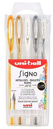 uni-ball Mitsubishi Pencil - 5 penne a rullo con inchiostro in gel Signo, colori glitterati, punta 1 mm, scrittura grande, rotoli creativi per carterie e hobby creativi