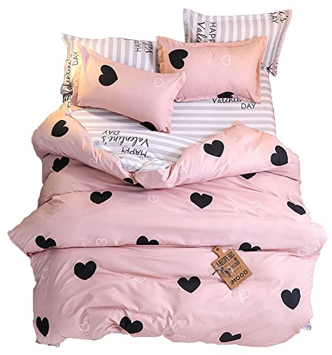 ED-Lumos Juego Sábanas de Cama Microfibra Juego de Funda para Cama 90cm Poliéster Funda nórdica 150x200cm Sábana encimera 200x230cm Funda de Almohada 48x74cm Estampado Corazón