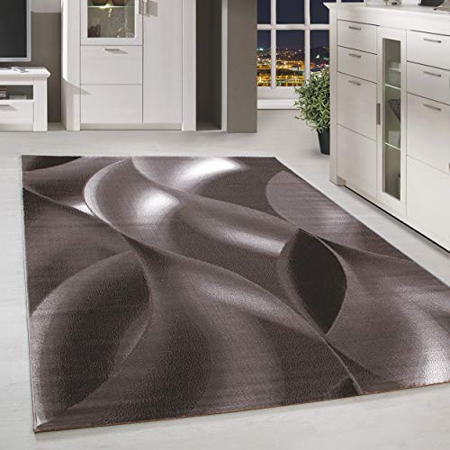 HomebyHome Teppich 160x230 cm Braun Kurzflor Abstrakt Wellen Design Moderner Teppich für Wohnzimmer Schlafzimmer Flur Küche Esszimmer Kinderzimmer Pflegeleicht Weich
