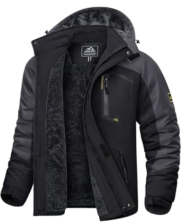 KEFITEVD Chaquetas Lluvia Lana Invierno para Hombres Chaquetas Térmicas Escalada Esquí Abrigos con Múltiples Bolsillos,Negro y Gris,L