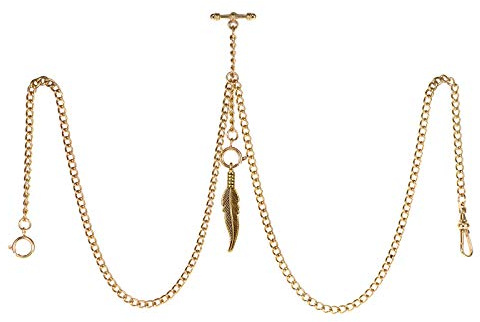 TREEWETO Men's Double Albert Chain Pocket Watch Curb Link Key Chain 3 Hooks with Antique Gold Leaf Pendant Design Charm Fob T Bar