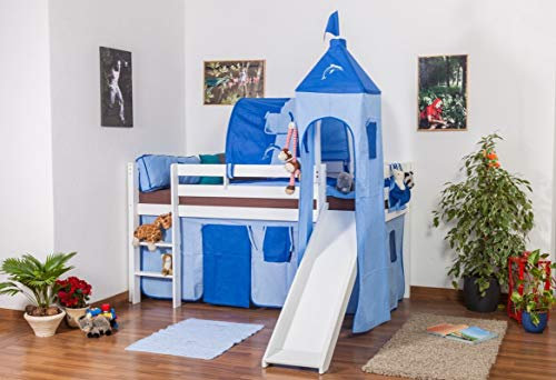 Kinderbett/Hochbett - Andi Buche Vollholz massiv mit Rutsche und Turm weiß lackiert inkl. Rollrost - 90 x 200 cm