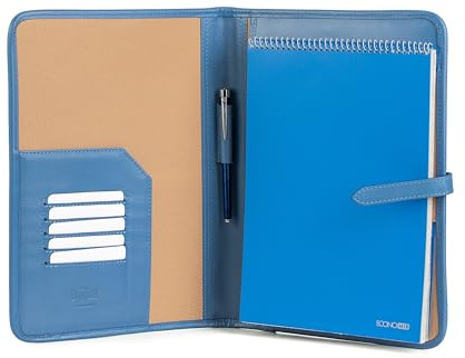 Premium A4-Konferenzmappe aus italienischem Leder – Professionelle Schreibmappe mit Notizblockfach, Kartenfächern & Stiftschlaufe – Business Portfolio für Meetings & Präsentationen (Hellblau)