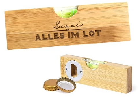 Casa Vivente Kleine Wasserwaage aus Holz mit Gravur Alles im Lot, Personalisiert mit Namen, Flaschenöffner, Lustiges Multitool als Gadget