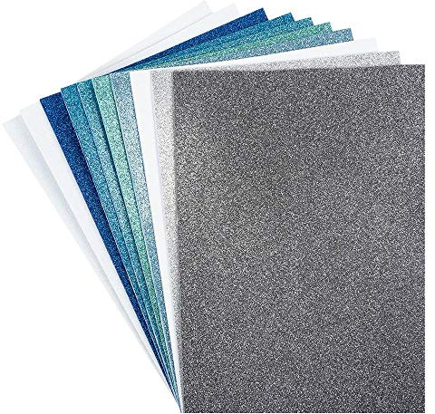 ideen mit herz 10 fogli di gomma espansa glitterati | Fogli in schiuma EVA | Carta Crepla con glitter | Autoadesivi | Formato DIN A4 | Per lavori di bricolage (Bianco, Argento, Blu)