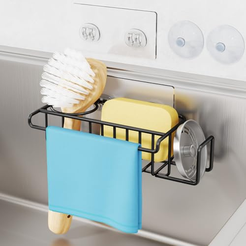 HapiRm Sink Caddy Sponge Holder- 4 in 1 Rustproof Kitchen Sink Organiser | Kitchen Tidy for Sponges, Washing Up Brush, Wash Up Liquid and Sink Stopper, Wall Mounted/Hanging, 22 * 9.2 * 6.5cm