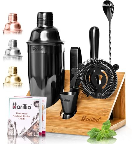 Barillio Black Bartender Kit - Stainless-Steel Cocktail Shaker Set w/Bamboo Stand - Mixology Bar Tools w/Shaker, Drink Mixer Spoon & Muddler for Cocktails - Home Bar Accessories - 10-Pc Bar Set