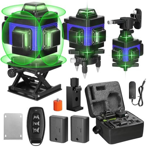 Geevorks Nivel Láser Autonivelante 3°,4D 16 Líneas Laser Nivel Verde 2 Batería Recargable,Base de Rotación y Soporte Montado,Control Remoto y Control Móvil (Azul)