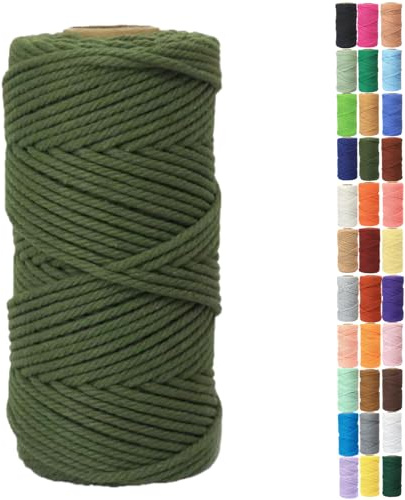Binwat Spago in cotone naturale spesso, per lavori fai da te, bobina intrecciata, per appendere alla parete, ganci per piante, lavori a maglia, progetti decorativi, 4 mm x 100 m (verde militare)