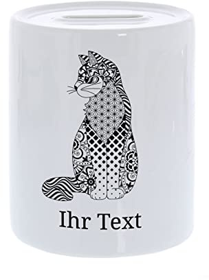 Spardose Katze personalisiert mit Wunschtext, Keramik, Zentangle | Geldgeschenk für Katzenliebhaber – Gelddose mit filigranem Katzen-Motiv und Ihrem Text