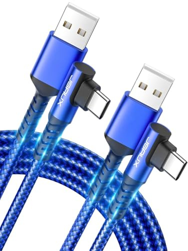 JSAUX 90 Grad Winkel USB auf USB C Kabel Schnellladung, 2 Stück 2M+2M-Blau | 3.1A Ladekabel, 480Mbps Sync, Nylon Geflochten, 15.000+ Biegungen, Sicherheitschip, für Android Handy und iPhone