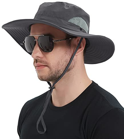 Wmcaps Sun Hats for Men, Wide Brim UPF 50+ Foldable Breathable Safari Hat | Sun Protection Packable Lightweight Waterproof Summer Hat with Breathable Mesh and Adjustable Chin Strap for Walking Hiking