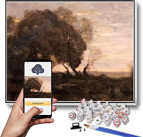Malen nach Zahlen für Erwachsene Kits Verdrehte Bäume auf einem Grat Sonnenuntergang Gemälde von Camille Corot DIY Ölgemälde Malen nach Zahlen Kits