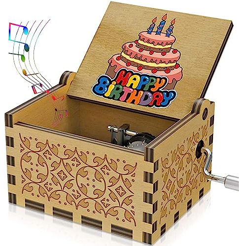 Wooden Happy Birthday Music Box for Daughter Son Wife Dad Friends,Hand Crank Melody Happy Birthday,Wood Musical Box,Laser Engraved Vintage Gift to Kids,Boys Girls Adults on Birthday,Anniversary