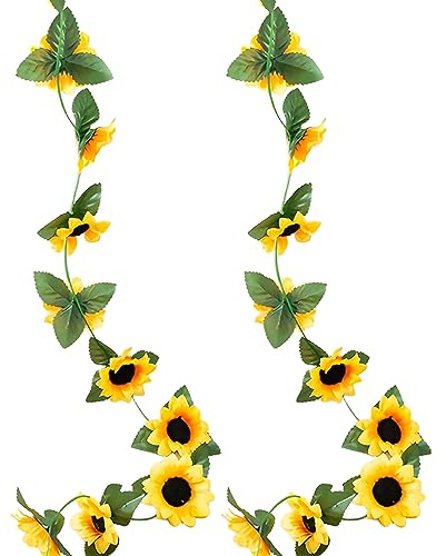 AOISORA 2 Couronnes De Tournesol En Soie, Longueur Totale 2,3 M Chacune, Vignes De Lierre Artificielles, Rotin De Tournesol Suspendu, Pour Jardin, Décoration Murale