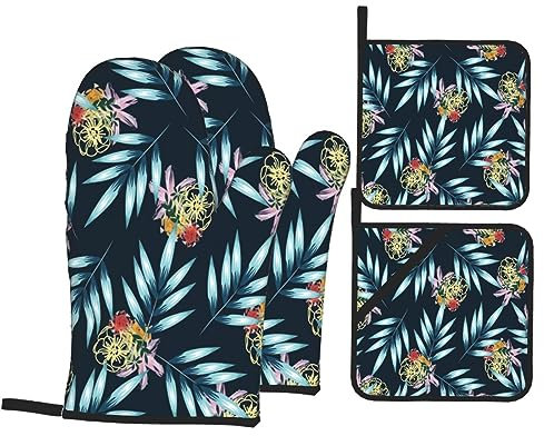 Gearsly Juego de 4 manoplas de horno y soportes para ollas, hojas de palma, flores abstractas, resistentes al calor, antideslizantes, impermeables, para cocina, hornear, cocinar a la parrilla