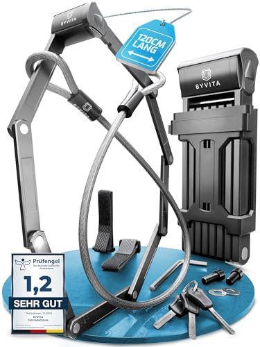 BYVITA Faltschloss Fahrrad 120cm diebstahlsicher inkl. Kabelschloss - Fahrradschloss hohe Sicherheit - Fahrradschloss Faltschloss mit Halterung - Fahrrad Schloß ideal für E-Bike - Bike Lock