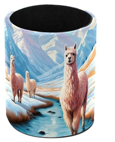 Alpakas Snow Mountain Standing Pencil Case, Cute Round Pen Holder Pouch Pencil Bag Makeup Brush Boxes for School Students Office Women Teens Girls Boys
