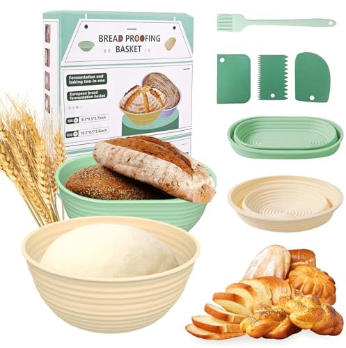 6PCS Cestino da Lievitazione per Pane, Lievitazione Pane in Silicone, Cestini pagnotta Rotondo da 23.5 cm e Ovale da 26 cm, Banneton per Kit Pagnotta con 3 Spatole, 1 Pennello