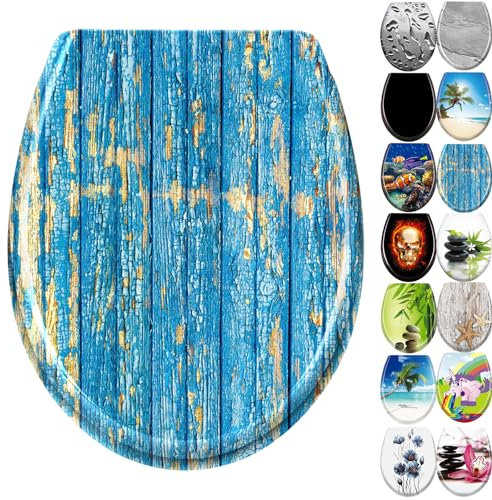 JNGLGO Toilettendeckel WC Sitz mit Absenkautomatik Antibakterielle Toilettensitz mit Klodeckel Oval Klobrille Duroplast für einfach Reinigung, Blaue Planke