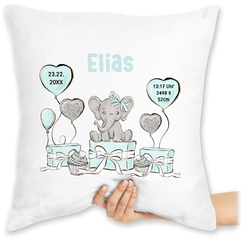 Kissen 40x40 Zierkissen - Baby Geschenk zur Geburt Jungen Elefant personalisiert Name Geburtsdaten Taufe - 40 x 40 cm - Weiß - Daten personalisierte Babygeschenk Geburtsgeschenk Junge geburtskissen