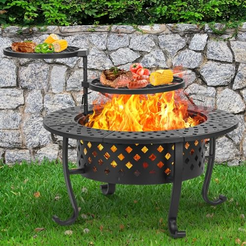 Panovue Hoguera de 36 pulgadas con 2 parrillas de barbacoa, hogueras de leña para exteriores con tapa y póquer de fuego, barbacoa y chimenea al aire libre y mesa redonda de metal 3 en 1 para patio,
