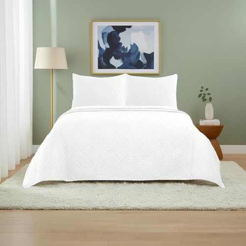 DALINA - Colcha Bouti para Cama 150, Cubre Cama Fina 250x260cm Incluye 2 Fundas de Cojín, Diseño de círculo Estampado Suave Ideal para Primavera, Verano y Entretiempo, Blanco