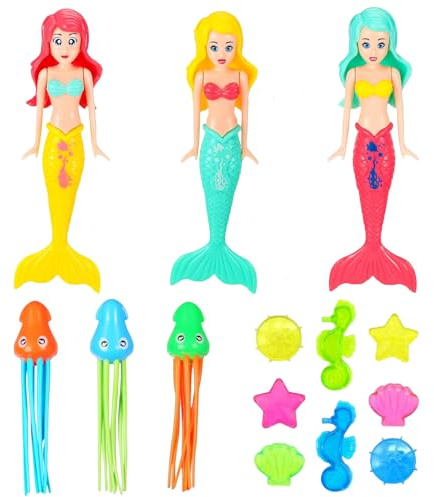 COSORO 14 Pezzi Giocattoli da Immersione Giochi per Piscina,Giochi Acquatici per Bambini 3 Sirene 3 Calamaro 8 Gemme Marine Giocattoli Subacquei per Allenamento Subacqueo e Feste per 3-12 Anni