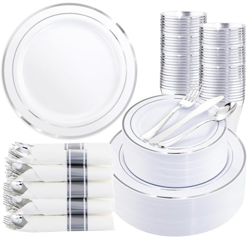 WDF Partyware 350Piece Silver Plastic Dinnerware Set for 50 Guests - Silver Plastic Plates with Cutlery Include:50Dinner Plates-50Dessert Plates-50Pre Rolled Napkins with Silverware Party Wedding