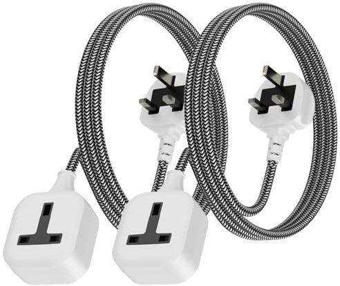 1 Gang Extension Lead 2 Meters, Pack of 2, Single Plug Socket 13A 250V 3Kw Power Cable Extension Socket, IP20 - White