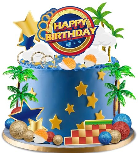 GZDUCK Hedgehog Cake Topper- 30Pcs Cartoon Themed Happy Birthday Cake Topper, Animals Forest Cake Decoration with Tree Blue Hedgehog Cake Decor for Kids Boys Girls Birthday Party Supplies