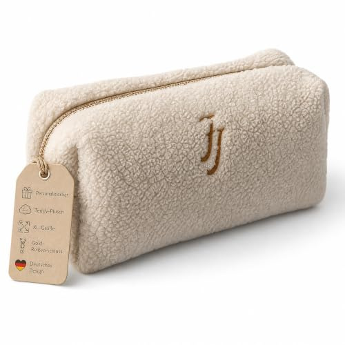 Teddy Kosmetiktasche mit Initialen Bestickt - Personalisierte Plüsch Schminktasche ideal als Organizer für die Handtasche (Beige)